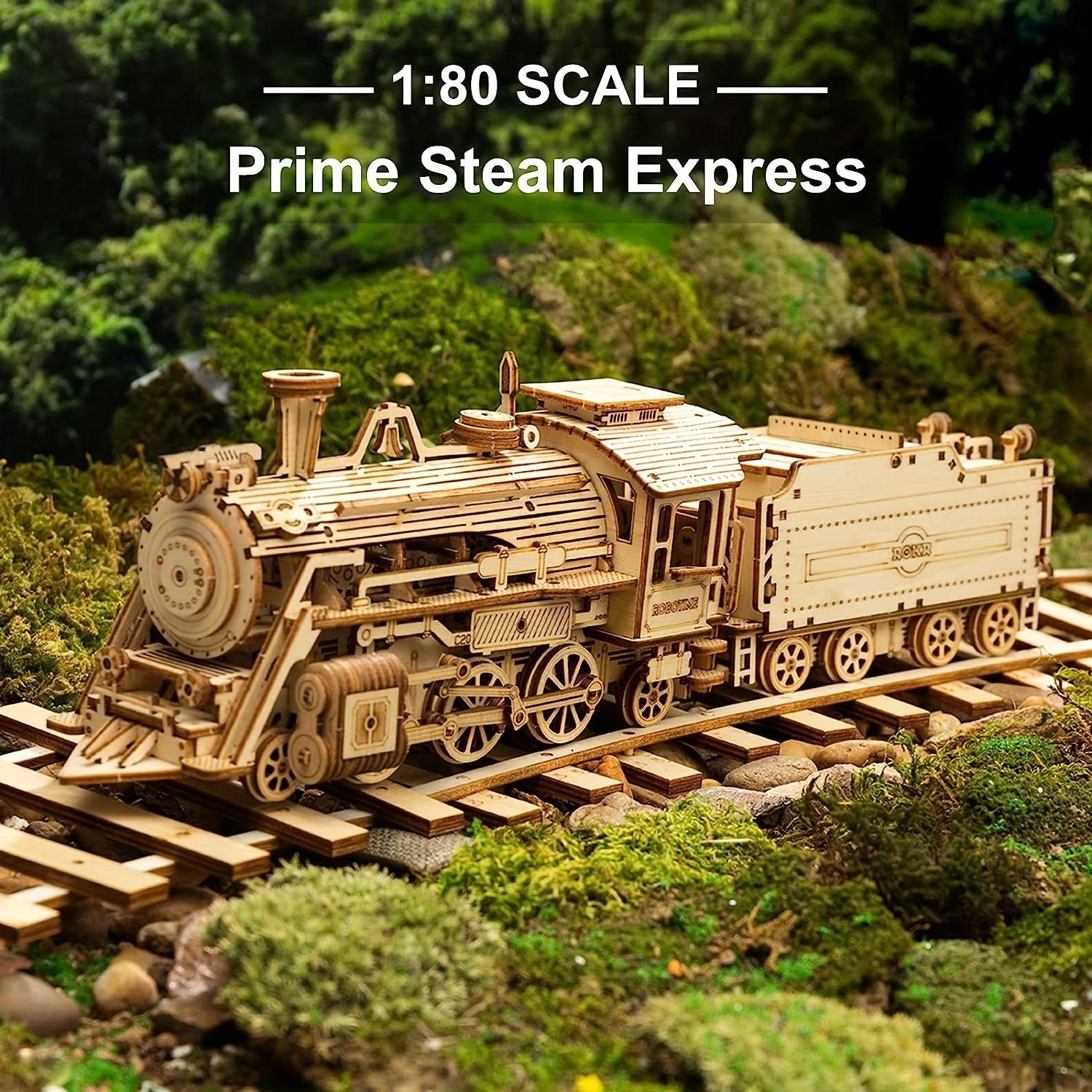 3D Wooden Educational Mechanical Car Model Self-Build Car Kit Educational Toy Best Birthday/Christmas Gift For Adults (Prime Steam Express) (With Carriage)