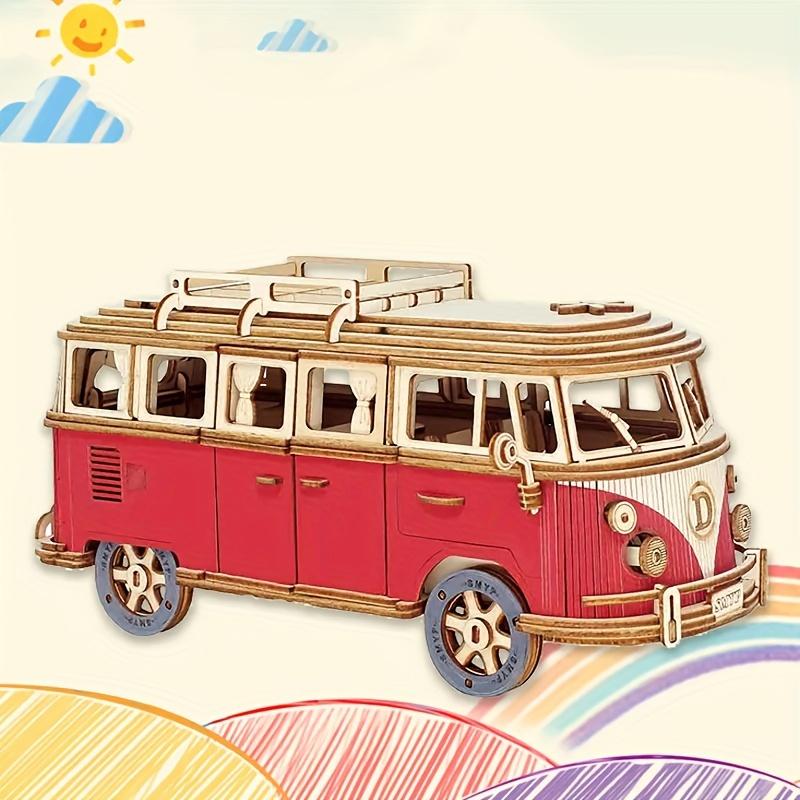 Blue and Wooden Puzzle Camping Car, Wooden Car Model, Assembled 3d Three-dimensional Building Block Toys, Educational Toys, Car Series