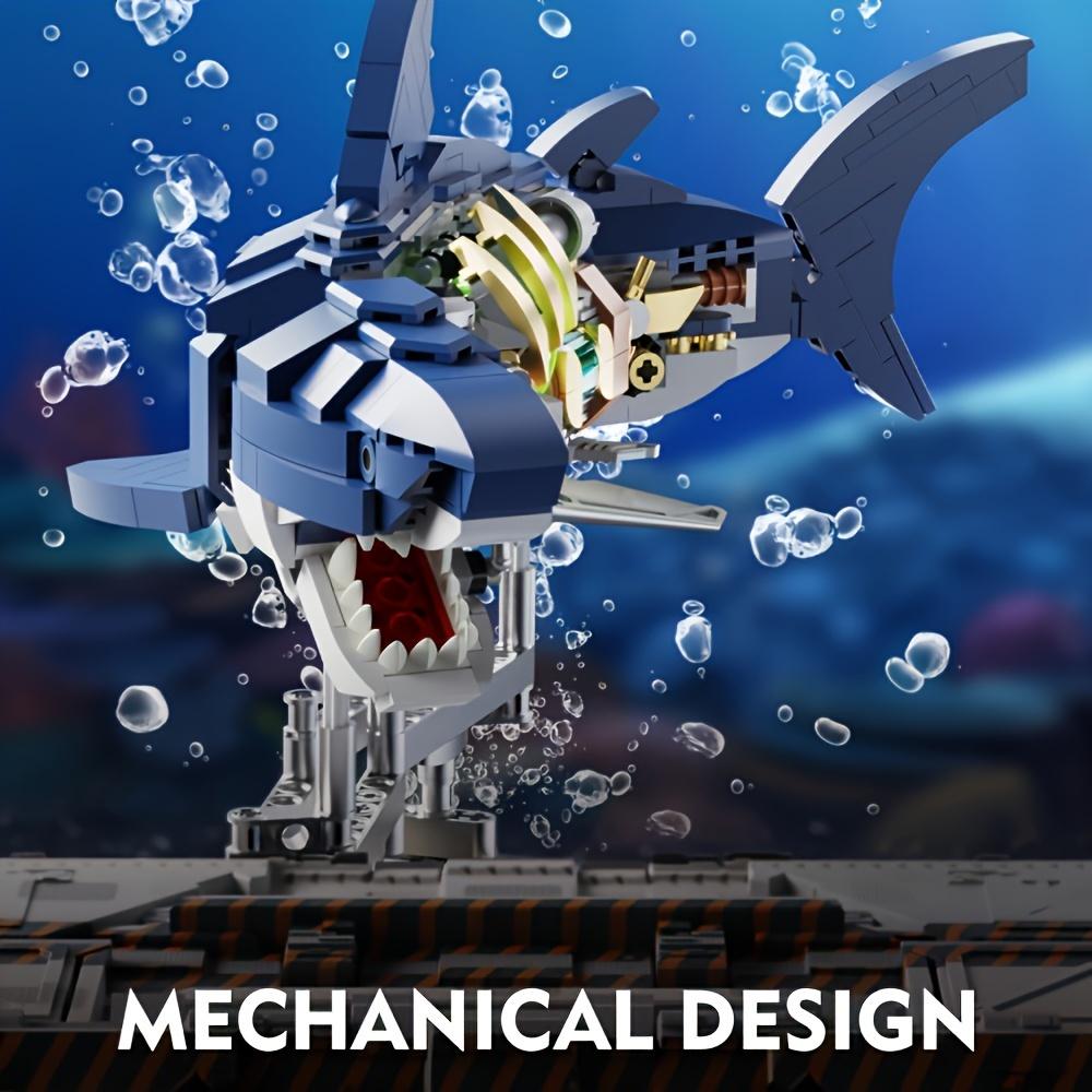 Ocean Explorer 687-Piece Blue Shark Model Building Kit with Lighting and Display Bracket Adopts ABS Material, Multi-Joint Linkage Mechanism, STEM Educational Toys Suitable for Ocean Lovers
