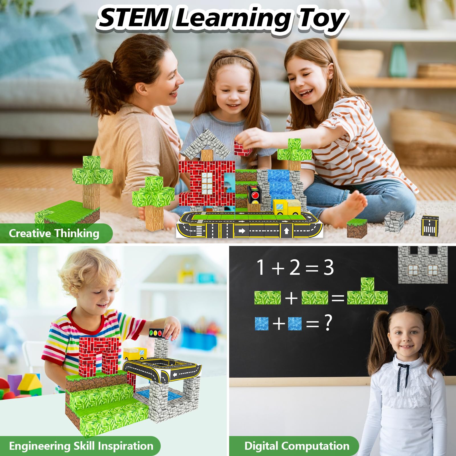 STEM Minecraft Magnetic Tiles - 300PCS Sensory Toys for Boys & Girls Ages 4-8