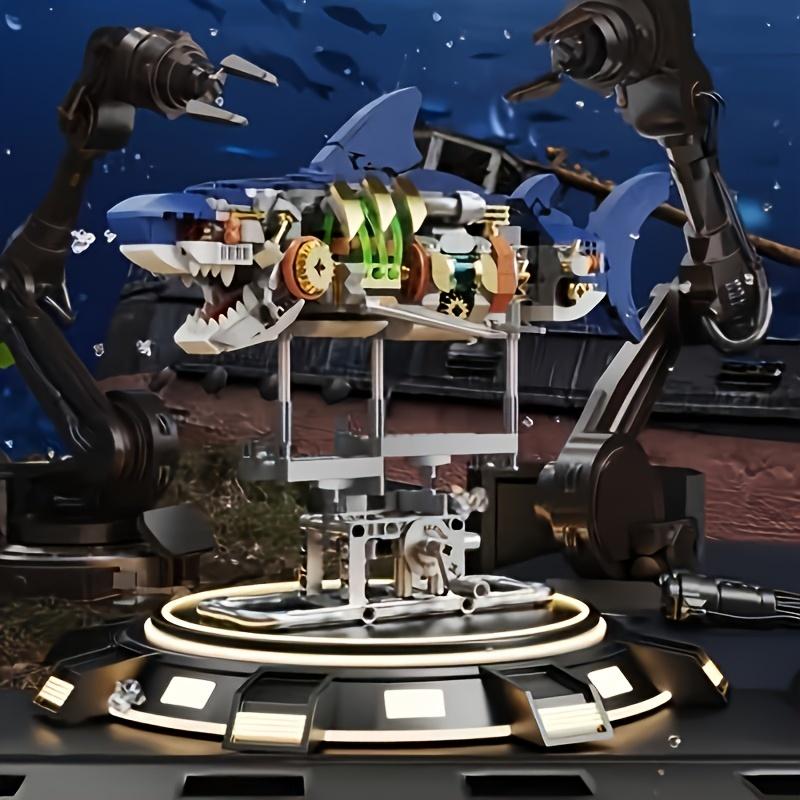 Ocean Explorer 687-Piece Blue Shark Model Building Kit with Lighting and Display Bracket Adopts ABS Material, Multi-Joint Linkage Mechanism, STEM Educational Toys Suitable for Ocean Lovers
