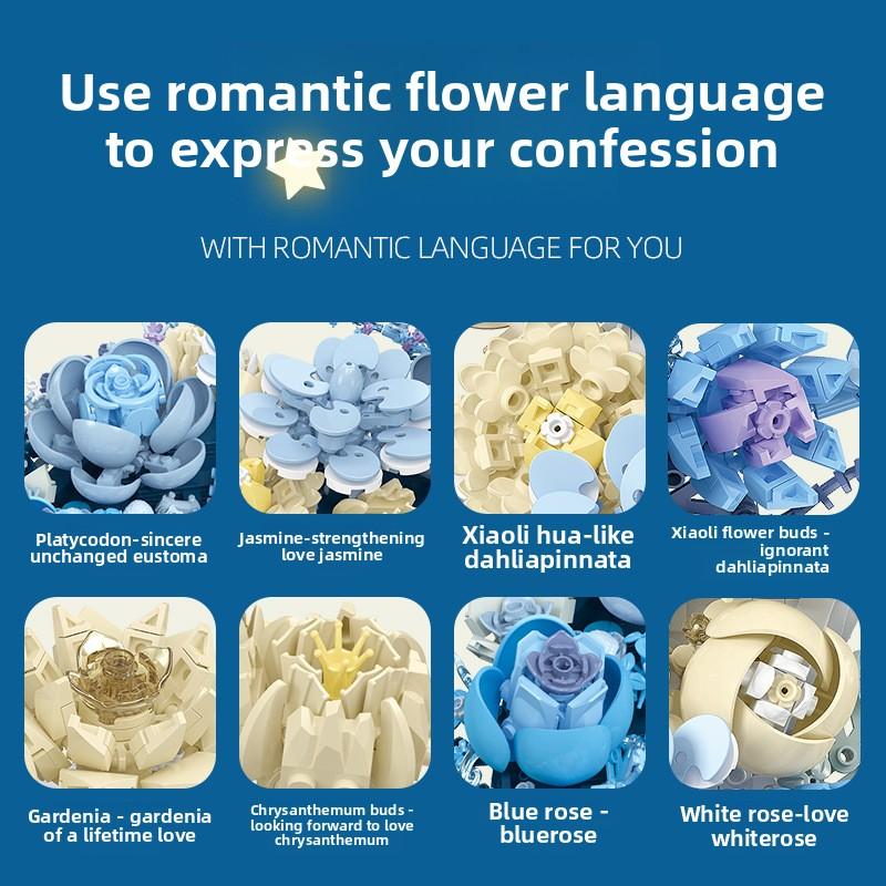 Blue Flower Bouquet Building Sets For Adult, 13 Flowers (934pcs), Botanical Collection With Fancy Box, Building Blocks Toy For Girls Ages 8+,Contemporary Plastic Brick Mural - Modular 3D Wall Art for Modern Homes