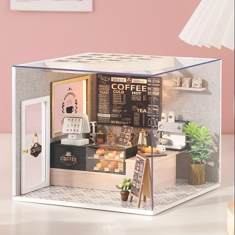 Handmade 3D Puzzle Coffee Shop Scene Art House, DIY Wooden Assembly Architectural Model House Mini Dollhouse Set Home Decoration, Creative Birthday Gift Valentine's Day Gift Christmas, Halloween Gift