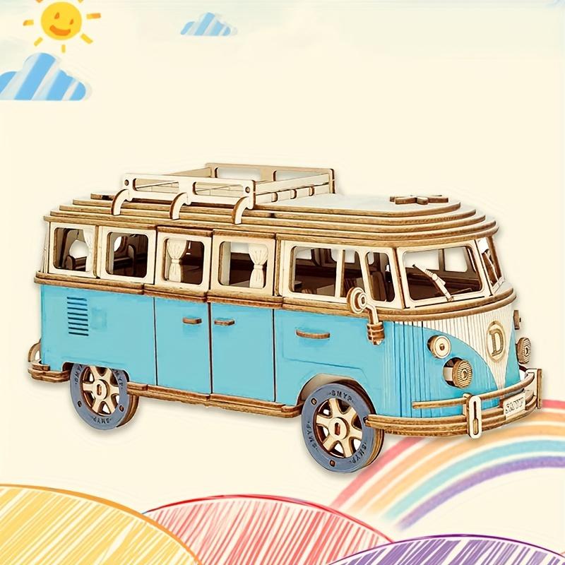 Blue and Wooden Puzzle Camping Car, Wooden Car Model, Assembled 3d Three-dimensional Building Block Toys, Educational Toys, Car Series
