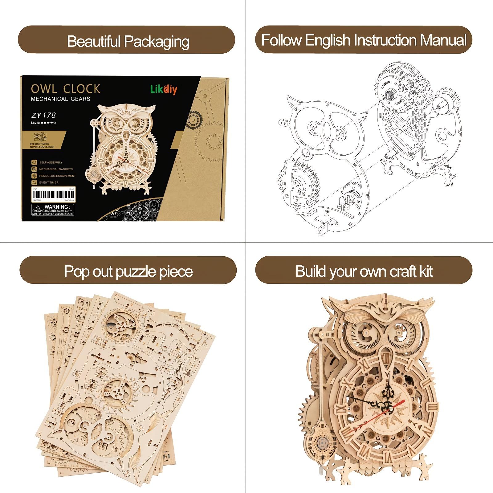 Adult 3D Wooden Jigsaw Puzzle Owl Clock Model Kit Table Clock Home Decoration Birthday/Christmas Unique Gift Handmade DIY Wooden Crafts