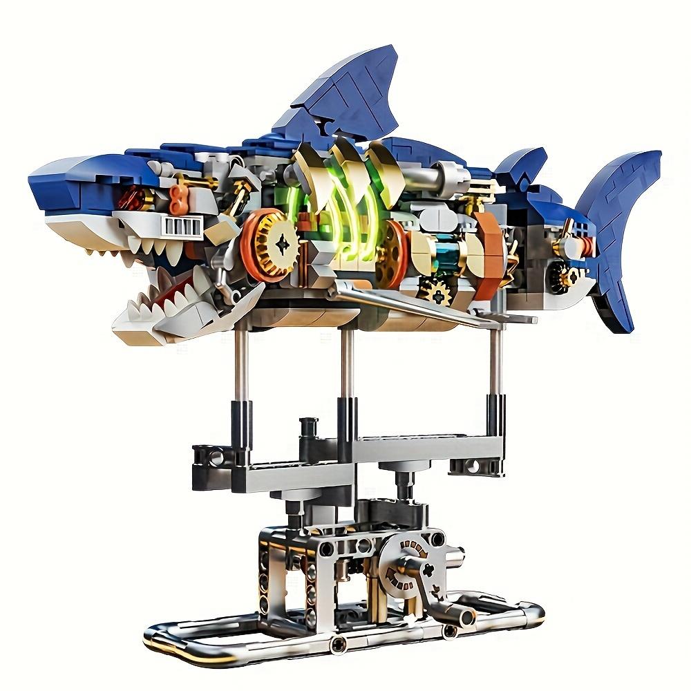 Ocean Explorer 687-Piece Blue Shark Model Building Kit with Lighting and Display Bracket Adopts ABS Material, Multi-Joint Linkage Mechanism, STEM Educational Toys Suitable for Ocean Lovers